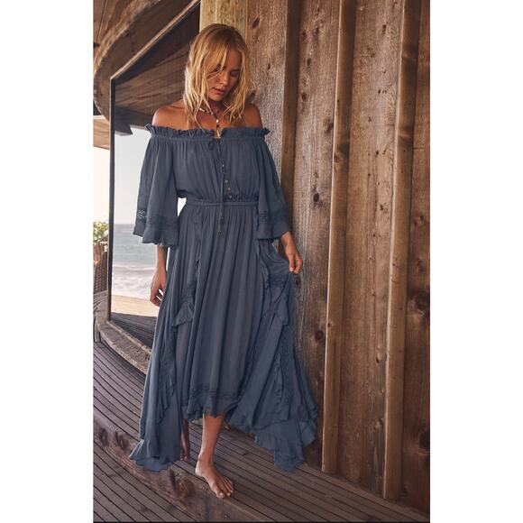 Free People Dresses & Skirts - Free People Slate Blue Off-Shoulder Maxi Dress